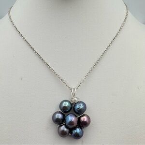 Sterling Silver Peacock Pearl Cluster Flower Pendant Necklace Adjustable NEW